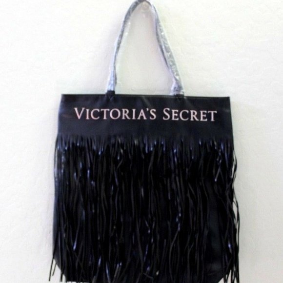 Victoria's Secret Flirty Fringe Faux Leather Logo Black Tote - Picture 2 of 4